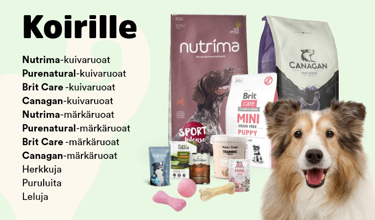 Wolt-menu koirille: Nutrima-, Purenatural-, Brit Care- ja Canagan -kuivaruoat ja märkäruoat, herkkuja ja puruluita sekä leluja 