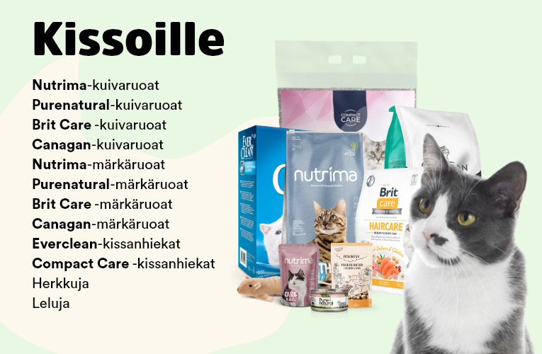 Wolt-menu kissoille: Nutrima-, Purenatural-, Brit Care- ja Canagan -kuivaruoat ja märkäruoat, EverClean- sekä Compact Care -kissanhiekat, herkkuja ja leluja 