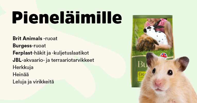 Wolt-menu pieneläimille: Brit Animals- ja Burgess-ruoat,  Ferplast-häkit ja kuljetusboksit, JBL-akvaario- ja terraariotuotteet, herkkuja, heinää ja virikkeitä 